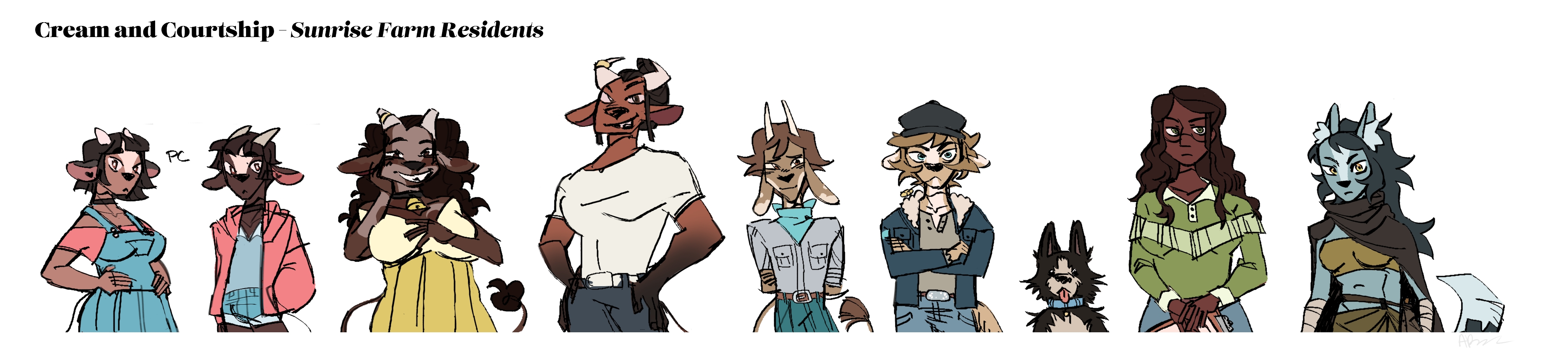 Lineup for the main cast of the farm dating sim ''Cream and Courtship''.